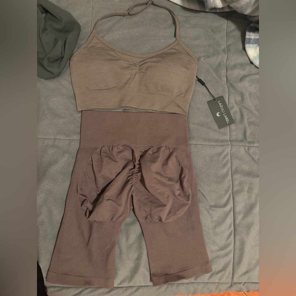 Lazuli Label Halter Sports Bra and Scrunch Seamless Ribbed Contour Shorts